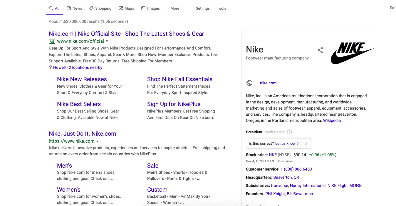 By bidding on its own brand, Nike has both top spots in search results. 