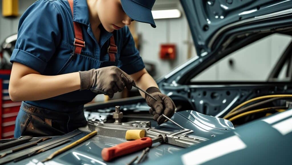 Woman repairing car from collision