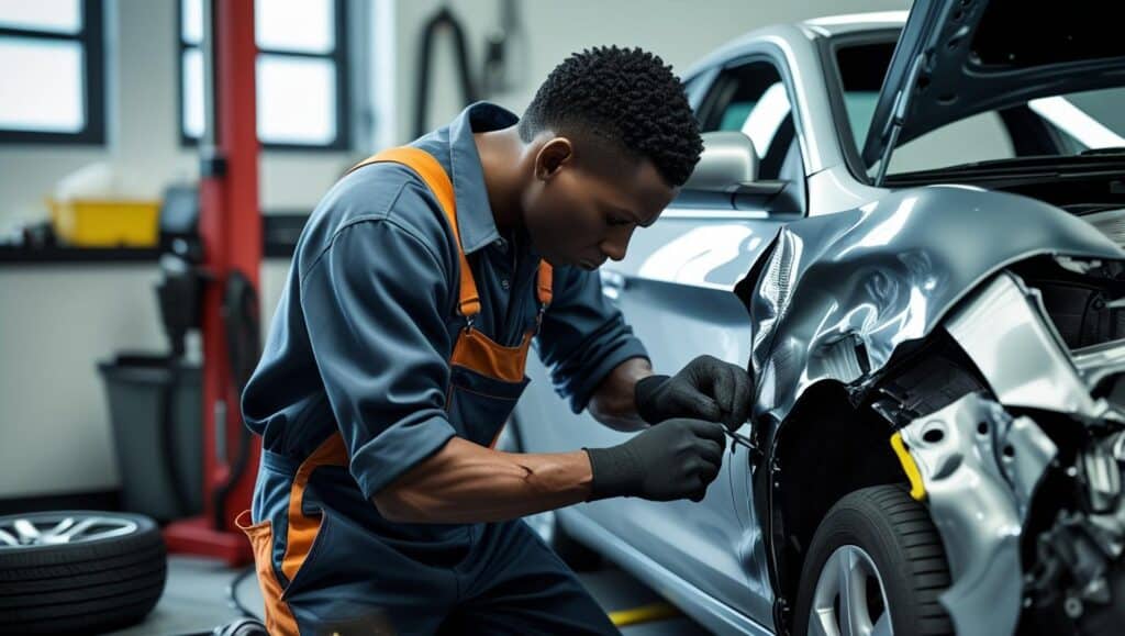Man repairing car from collision