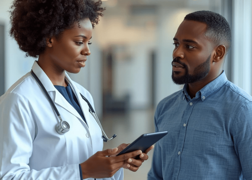Doctor with medical device talking with patient