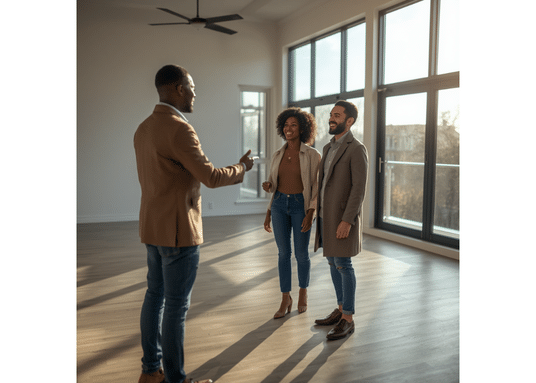Multifamily industry page small image realistic photo of a property manager showing an empty apartment to a diverse couple to rent